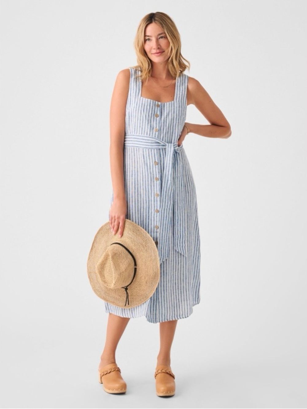 Faherty Women’s Seaside Striped Midi 100% Linen Button Dress Size Small